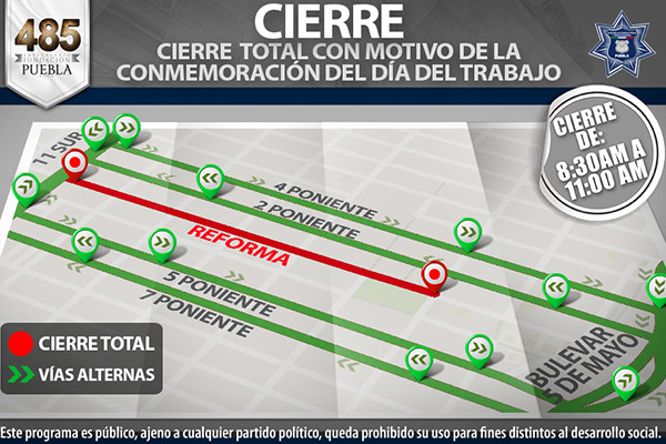 Informa SSPTM cierres y vías alternas por desfile del 1 de mayo
