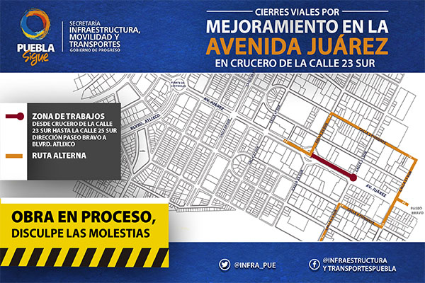 Cierre de circulación en crucero de Avenida Juárez y 23 sur por obras
