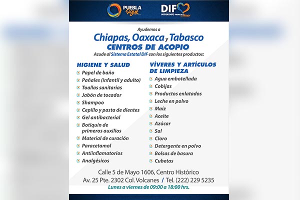 SEDIF abre centros de acopio para apoyar a Chiapas, Oaxaca y Tabasco
