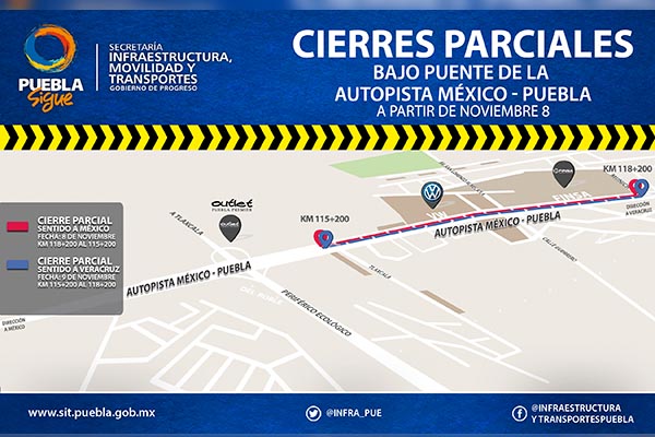Anuncian cierres parciales en el bajo puente de la pista México-Puebla