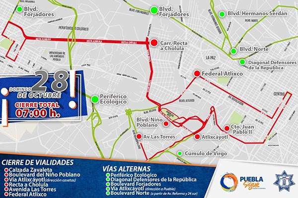 Vialidad Estatal anuncia cierres por “Maratón Mundial Puebla 2018”