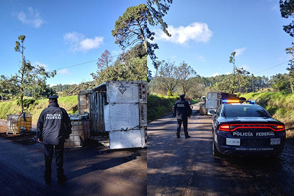 Huachicoleros abandonan camioneta con 3,200 litros de combustible tras volcarla