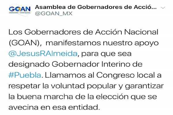 Panismo respalda a Rodríguez Almeida para gobernador interino