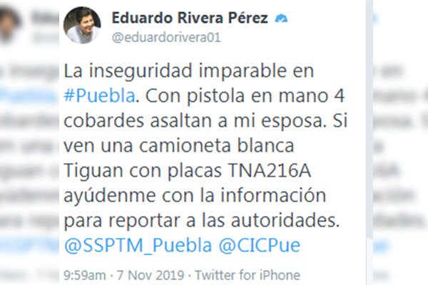 Asaltan a la esposa del exalcalde Eduardo Rivera Pérez