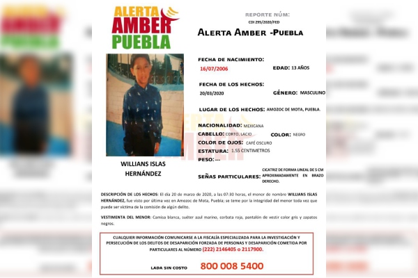 Fiscalía de Puebla activó Alerta Amber para localizar a menor