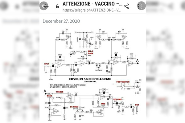 Revelan diagrama del “chip 5G” en vacuna contra el COVID-19; era un pedal de guitarra