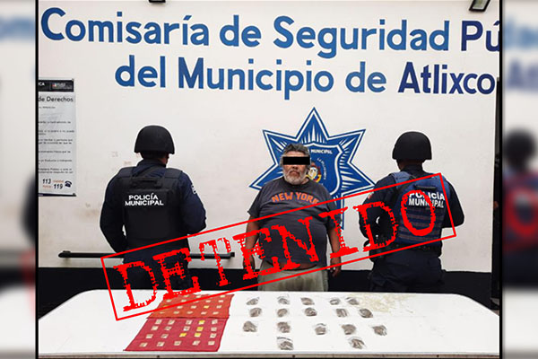 Policía de Atlixco detiene a hombre con 17 envoltorios de marihuana y 40 de cristal
