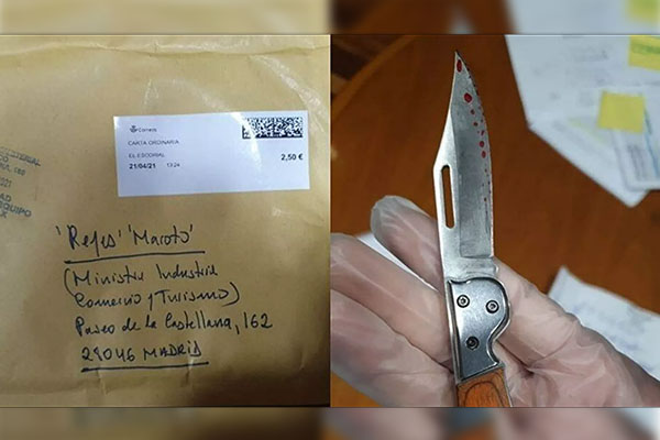 La ministra de Turismo de España recibe carta con una navaja ensangrentada