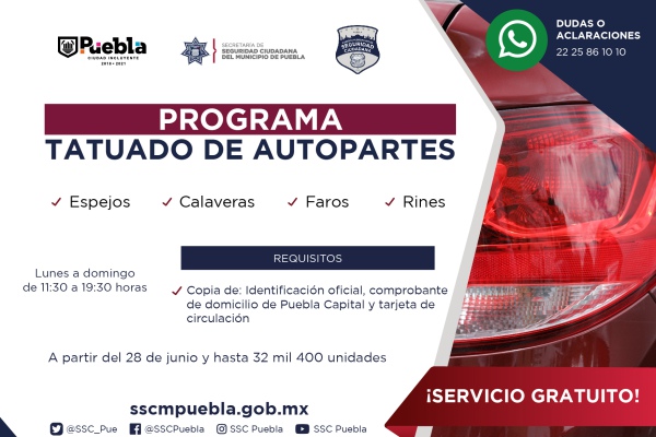 Secretaría de Seguridad Ciudadana convoca al tatuado gratuito de autopartes