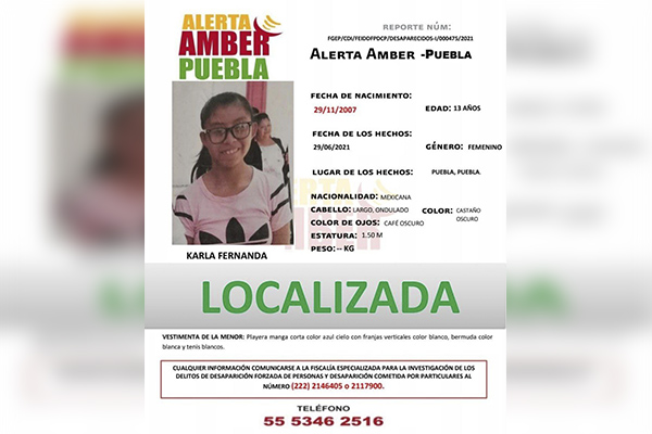 A través de Alerta Amber se localizó a Karla Fernanda de 13 años