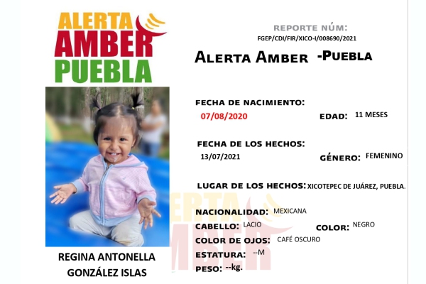Se activa Alerta Amber para localizar a niña de 11 meses