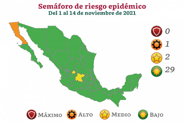 Semáforo COVID-19: solo Guanajuato, Aguascalientes y Baja California no están en verde