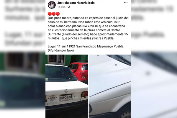 Roban auto a familiares de mujer asesinada durante juicio de feminicidas