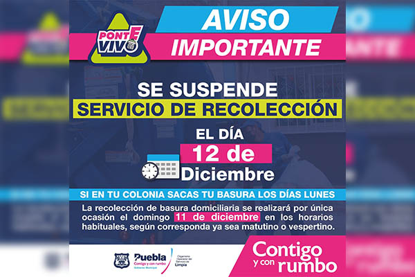 No habrá recolección de basura el 12 de diciembre