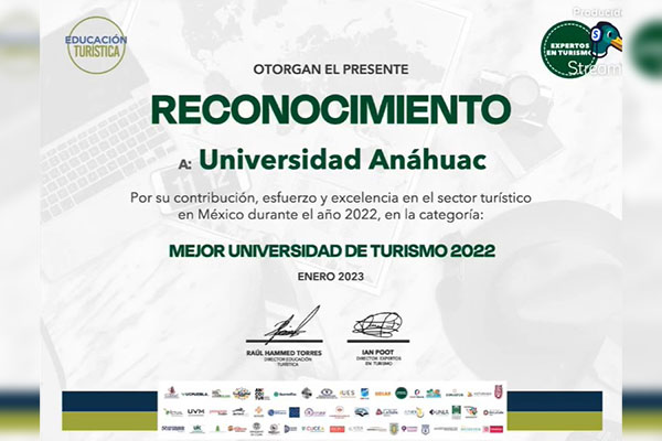 Universidad Anáhuac es reconocida como la "Mejor Universidad de Turismo 2022”