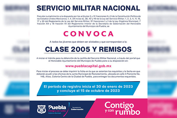 Convocan a jóvenes poblanos nacidos en 2005 y remisos a tramitar su Cartilla Militar