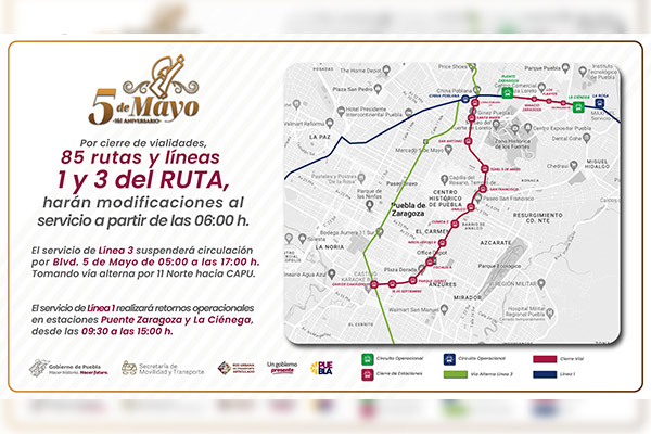 Por desfile del 5 de Mayo, transporte público y RUTA modificarán recorridos: SMT