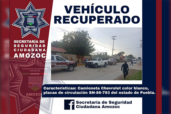 Recupera SSC de Amozoc camioneta con reporte de robo