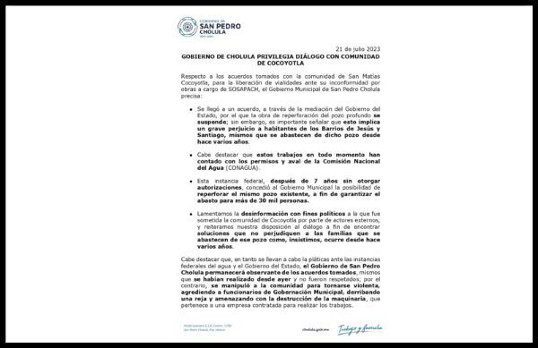 Gobierno de Cholula privilegia diálogo con la comunidad de Cocoyotla