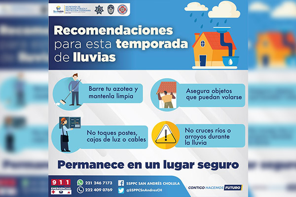 Emite Protección Civil de San Andrés Cholula recomendaciones por temporada de lluvias