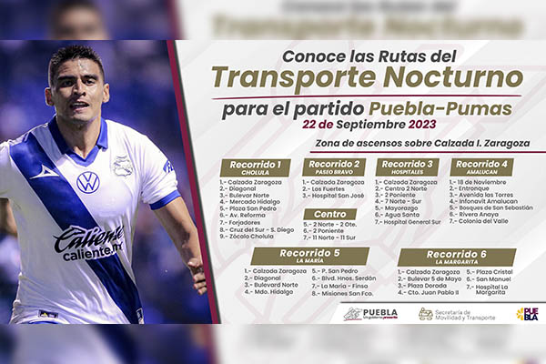 Habilita gobierno estatal transporte nocturno para partido Puebla contra Pumas