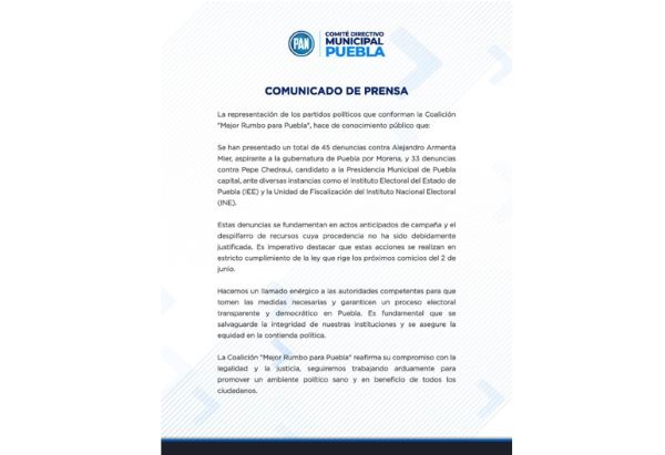 “Mejor Rumbo para Puebla” ha presentado 45 denuncias contra Armenta y 33 contra Chedraui