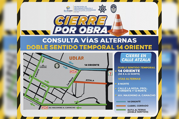 Activa San Andrés Cholula doble sentido temporal en la 14 Oriente ante cierres por obras