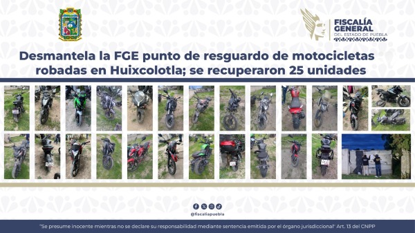 Desmantela FGE guarida de motocicletas robadas; recupera 25 unidades